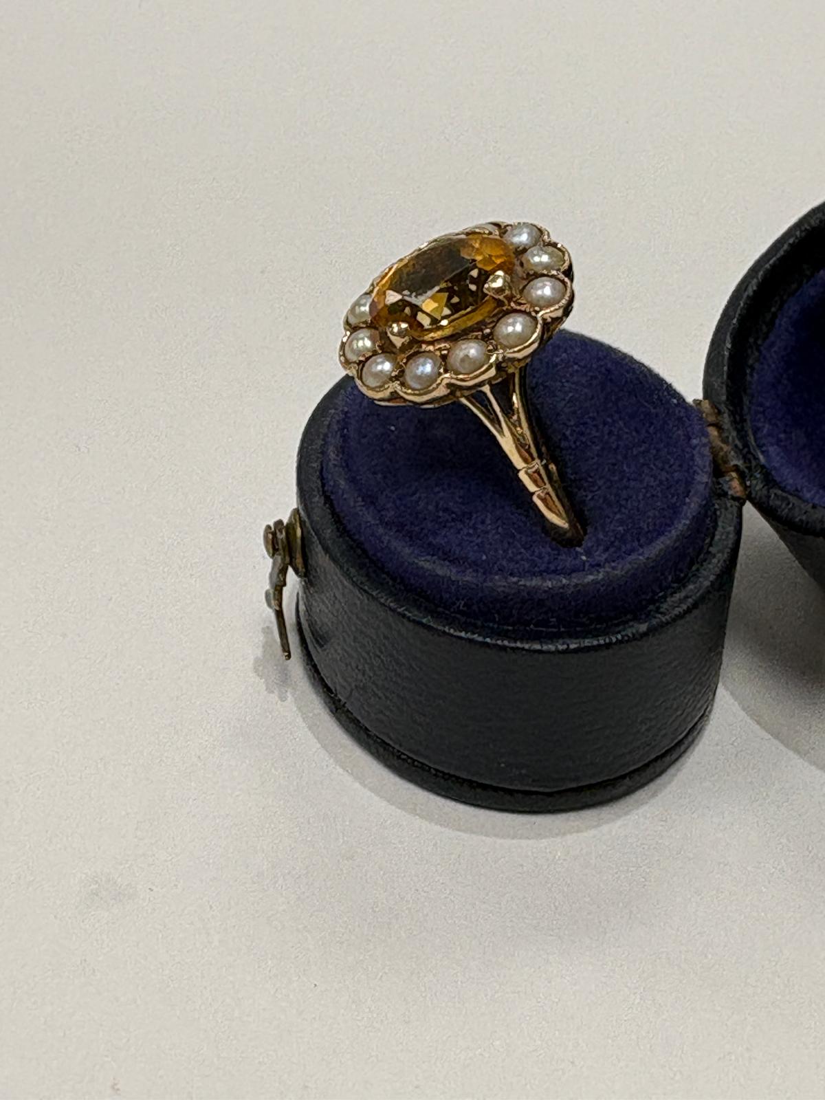 pre-loved citrine ring, vintage cluster ring, second hand 9ct gold ring UK, citrine pearl ring, pre-owned flowerhead ring, antique style citrine ring, vintage ring for sale UK, second hand fine jewellery UK, seed pearl cluster ring