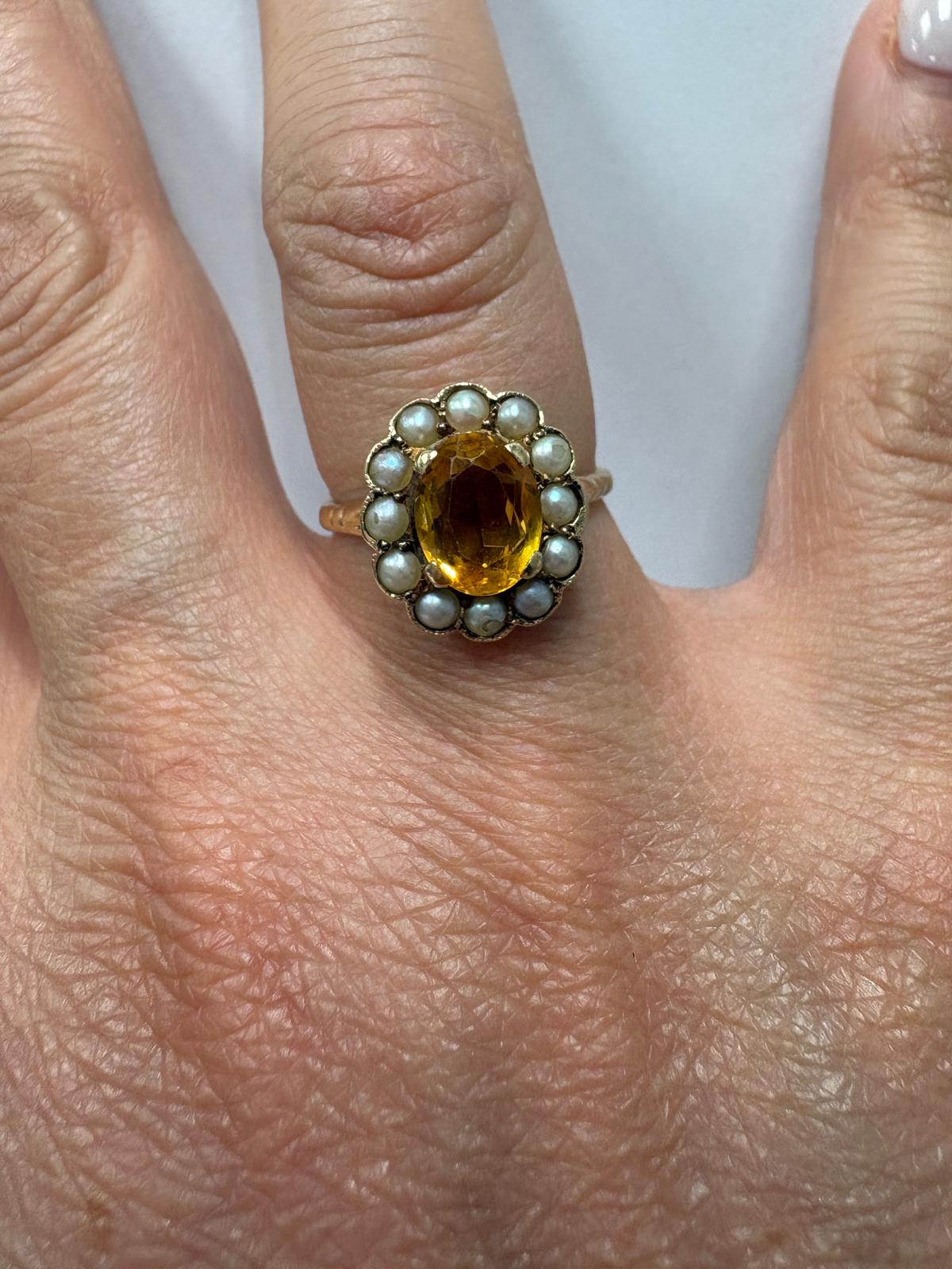 pre-loved citrine ring, vintage cluster ring, second hand 9ct gold ring UK, citrine pearl ring, pre-owned flowerhead ring, antique style citrine ring, vintage ring for sale UK, second hand fine jewellery UK, seed pearl cluster ring
