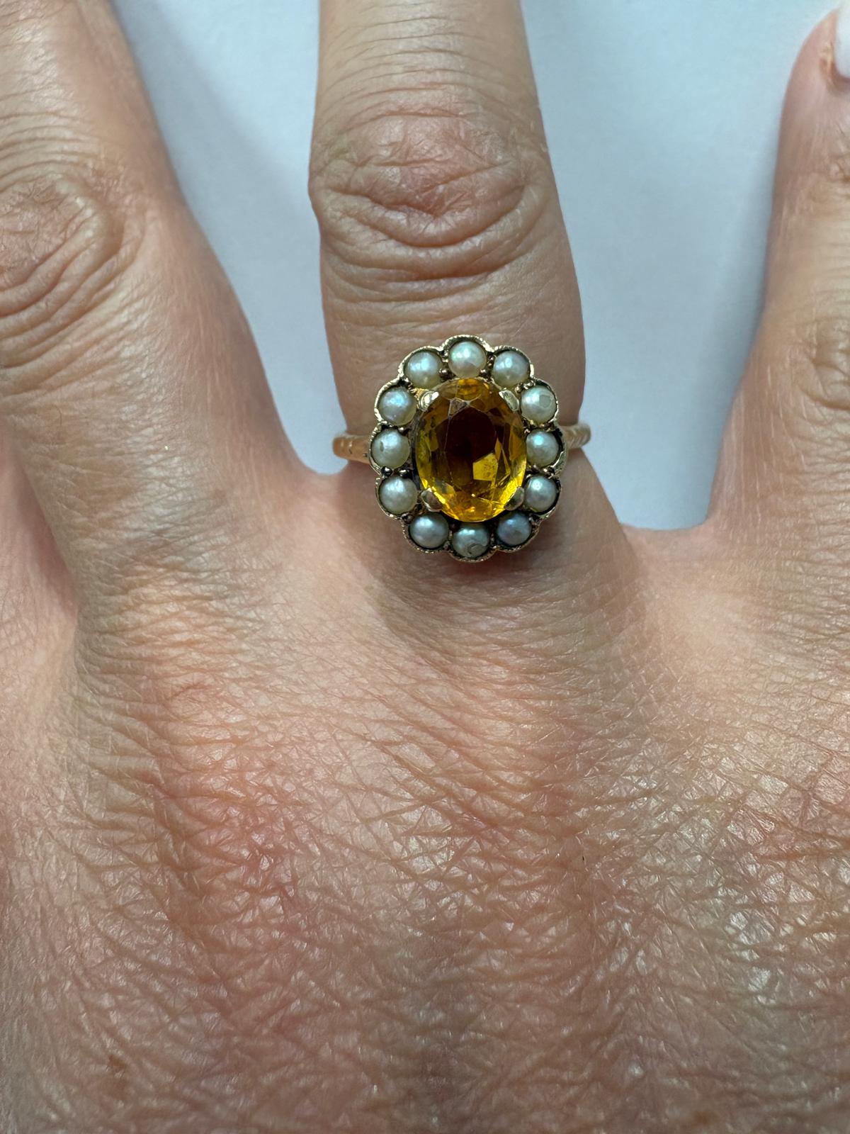 pre-loved citrine ring, vintage cluster ring, second hand 9ct gold ring UK, citrine pearl ring, pre-owned flowerhead ring, antique style citrine ring, vintage ring for sale UK, second hand fine jewellery UK, seed pearl cluster ring