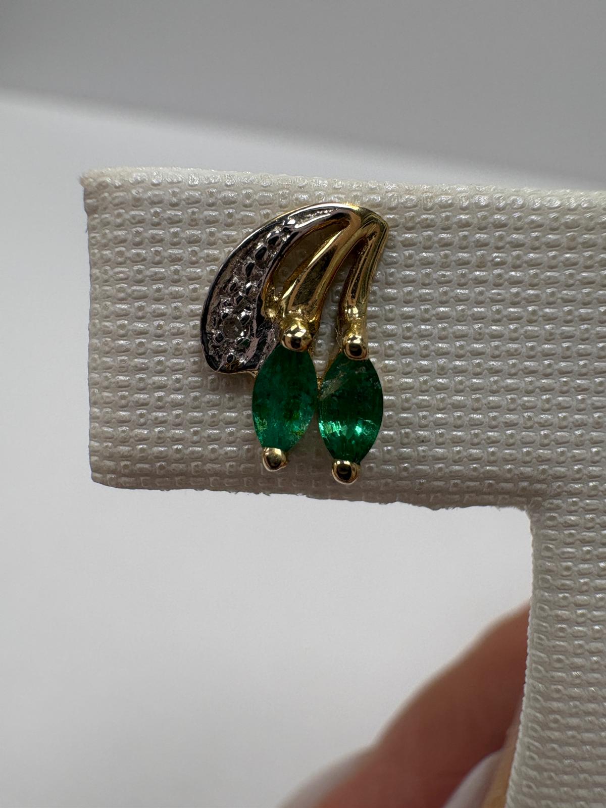 pre-loved emerald earrings, second hand 9ct gold earrings UK, emerald diamond stud earrings, marquise emerald earrings, pre-owned gemstone earrings, second hand fine jewellery UK, green emerald earrings for sale UK