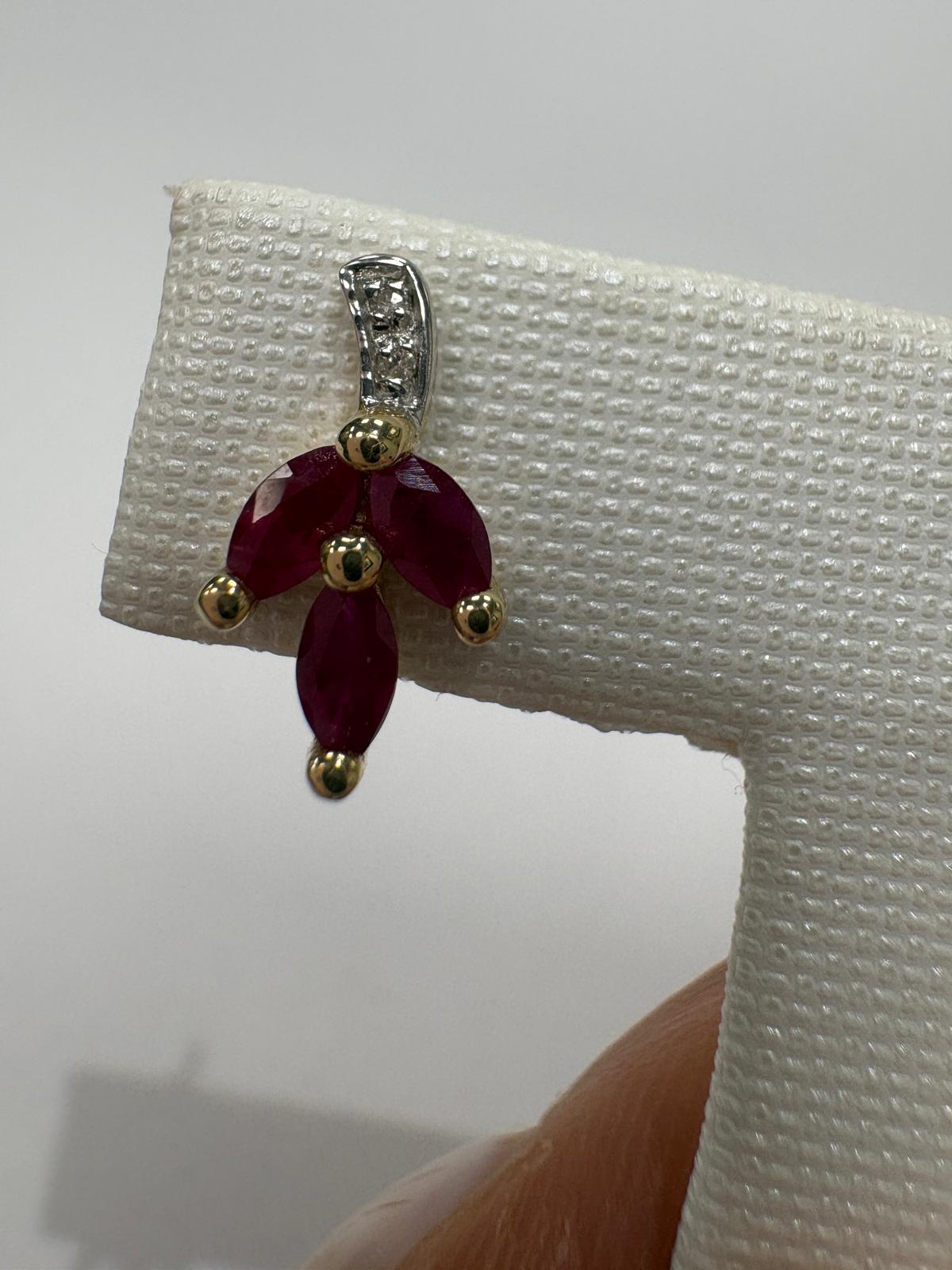 pre-loved ruby earrings, second hand 9ct gold earrings UK, ruby diamond flower earrings, marquise ruby studs, pre-owned gemstone earrings, second hand fine jewellery UK, red ruby earrings for sale UK