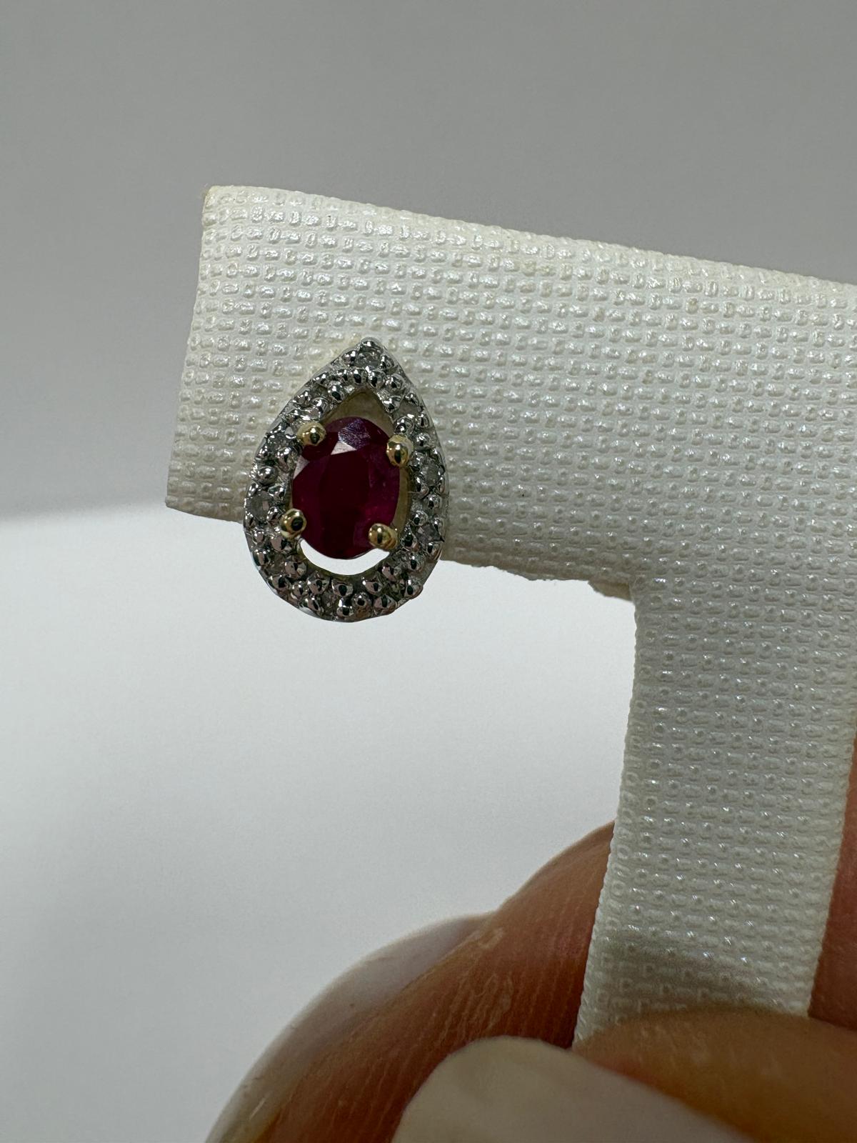 pre-loved ruby earrings, second hand 9ct gold earrings UK, ruby diamond halo earrings, pear shaped stud earrings, pre-owned gemstone earrings, second hand fine jewellery UK, ruby stud earrings for sale UK