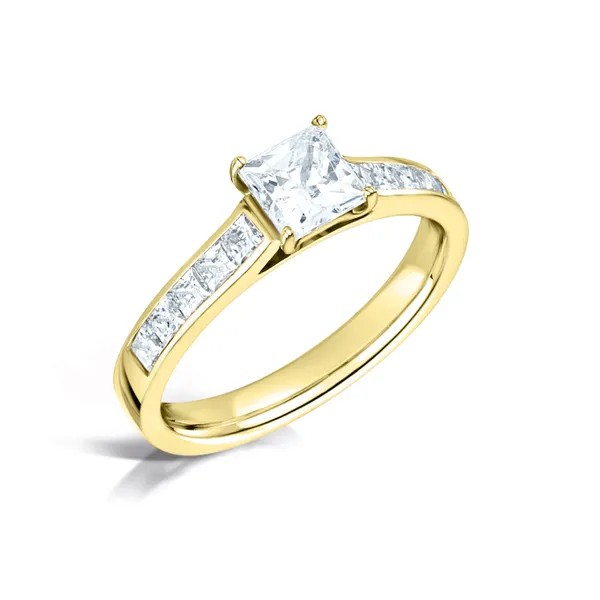 Princess cut diamond and channel set band solitaire engagement ring Harrogate set on 18ct yellow gold fogal and barnes fine jewellers independent