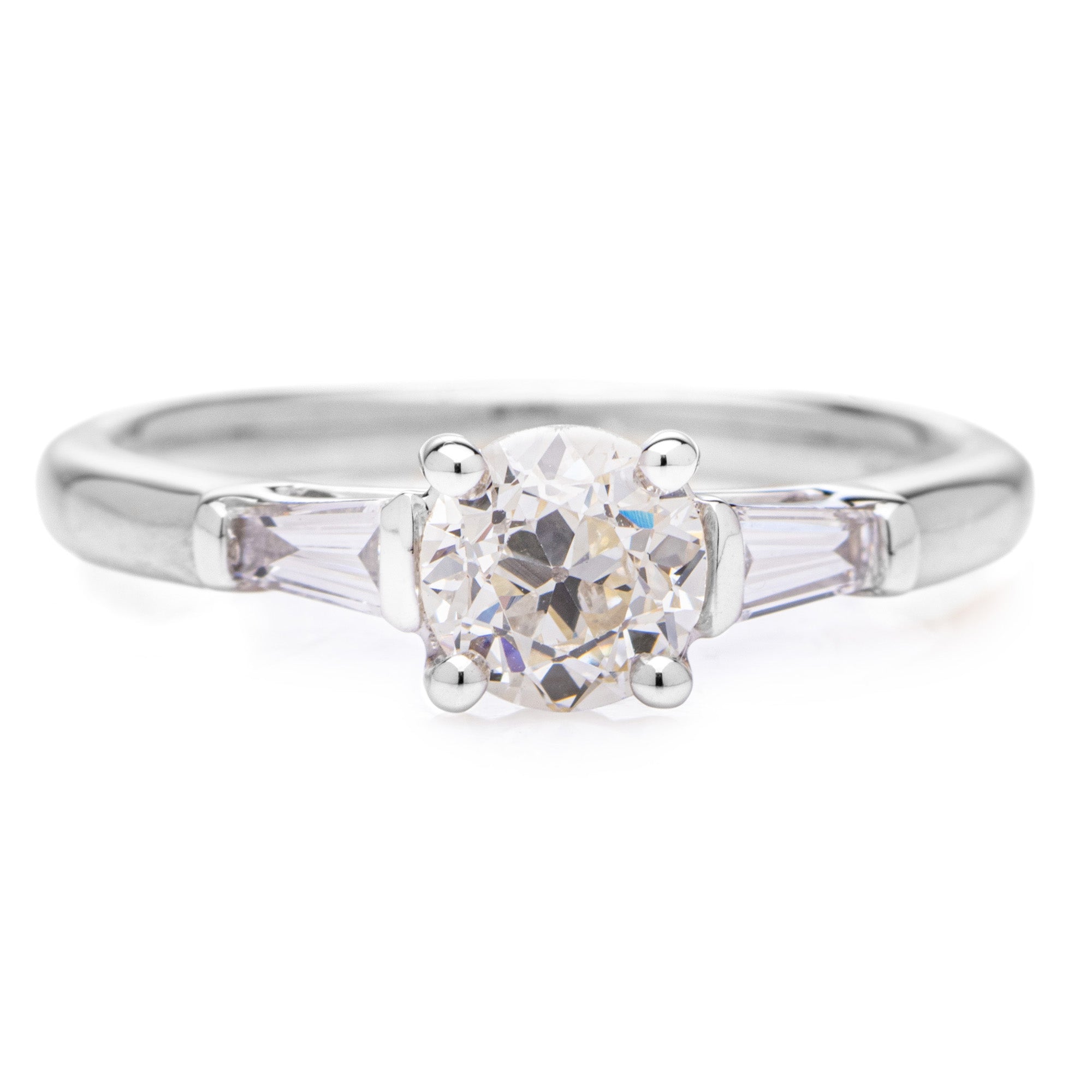 Round Brilliant cut diamond 0.72ct Trilogy Tappered baguette diamond engagement ring Harrogate Fogal and Barnes White Gold or Platinum