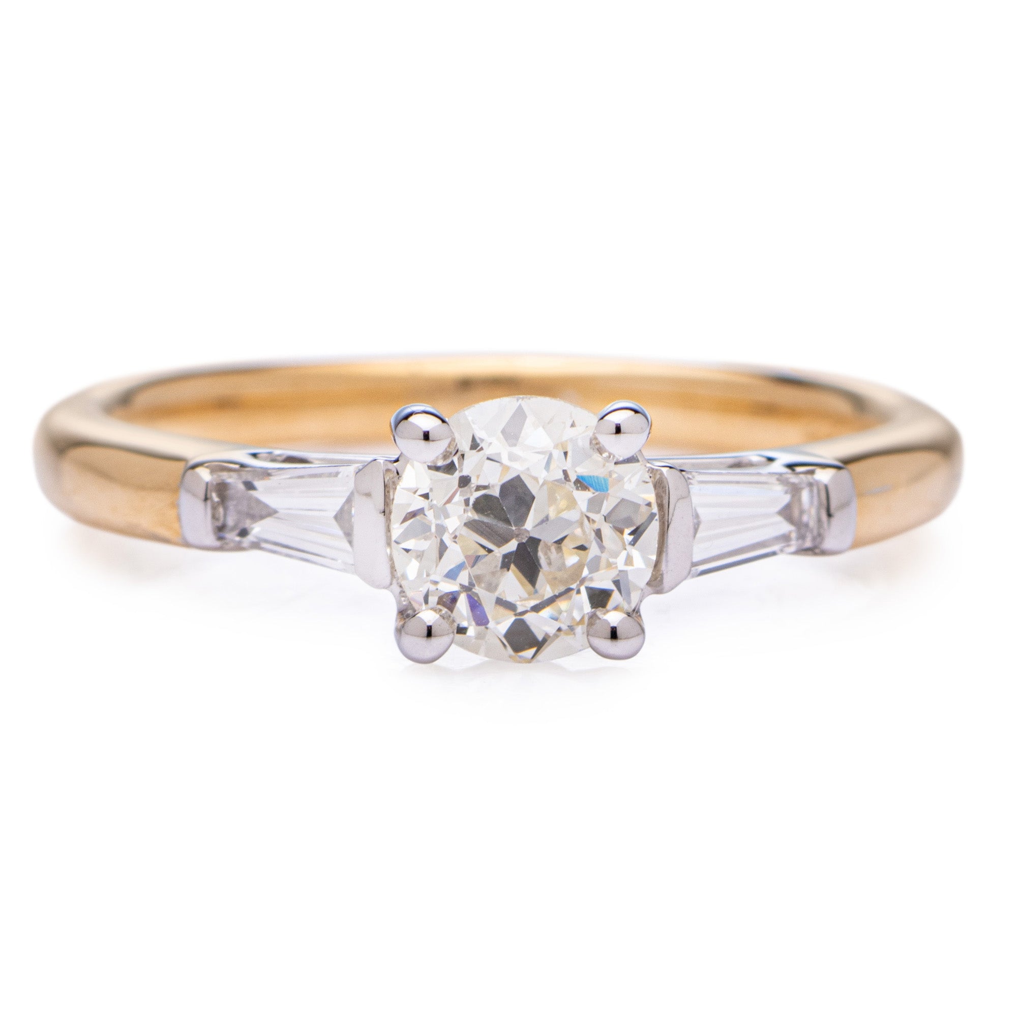 Round Brilliant cut diamond 0.72ct Trilogy Tappered baguette diamond engagement ring Harrogate Fogal and Barnes Yellow Gold