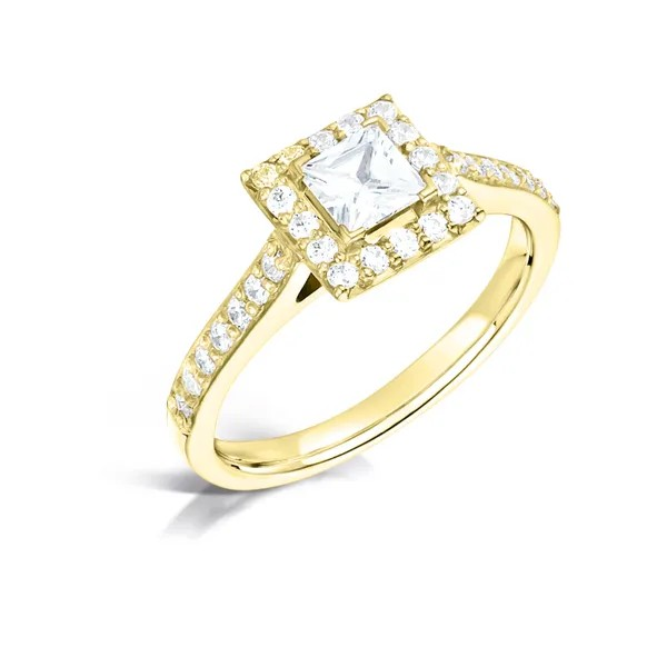 Princess cut diamond with diamond halo and diamond band engagement ring Harrogate, this ring can be made in 18ct yellow gold Fogal and Barnes Fine Jewellers