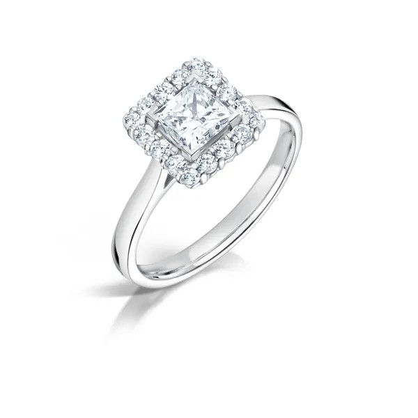 Princess cut diamond halo / cluster engagement ring. set on platinum or 18ct white gold naked band, Fogal and Barnes Fine Jewellers of Harrogate