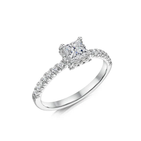 Princess cut diamond hidden halo with diamond band engagement ring Harrogate Fogal and Barnes fine jewellers of Harrogate. Independent jewellers.