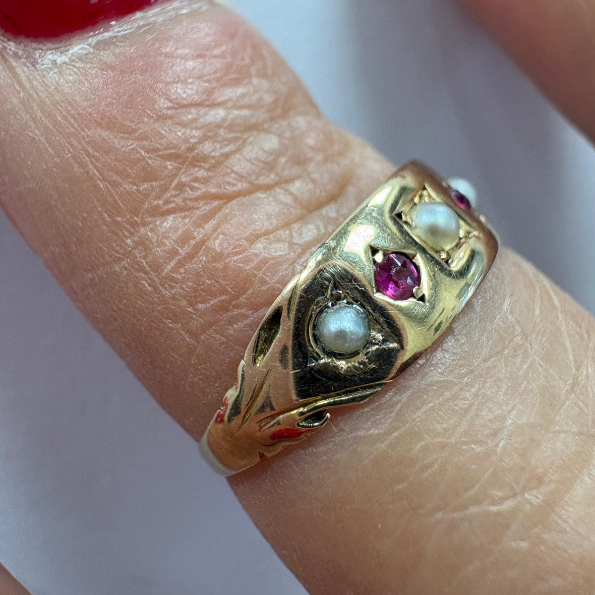 ruby and pearl ring, 9ct gold gypsy ring, seed pearl ring UK, Victorian style ring, five stone gypsy ring, ruby gypsy ring, pre-loved gold ring, July birthstone ring