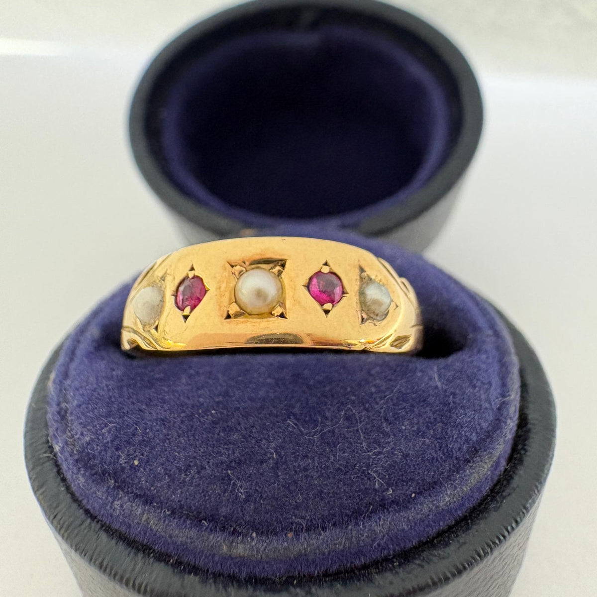 ruby and pearl ring, 9ct gold gypsy ring, seed pearl ring UK, Victorian style ring, five stone gypsy ring, ruby gypsy ring, pre-loved gold ring, July birthstone ring