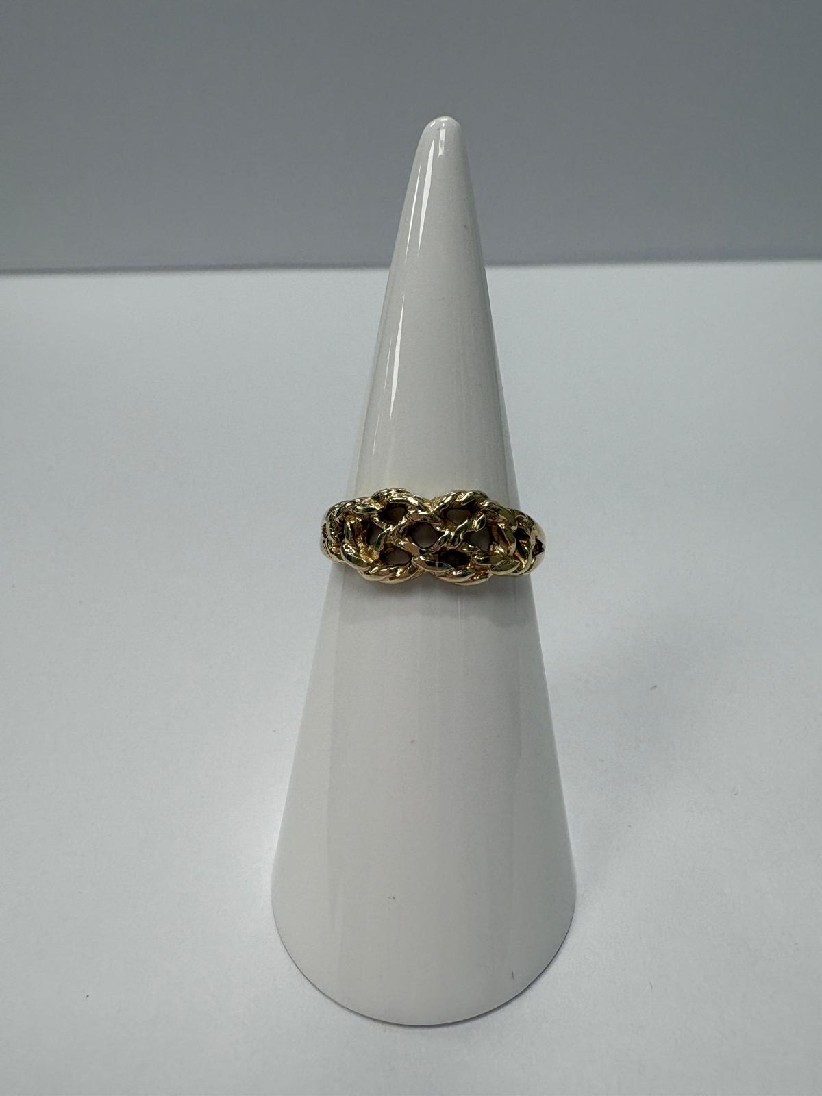 Preloved 9ct yellow gold keeper knot ring size N 2.50g with open lattice and filigree underside shown on ring cone and close up on white background, available at Fogal & Barnes Harrogate