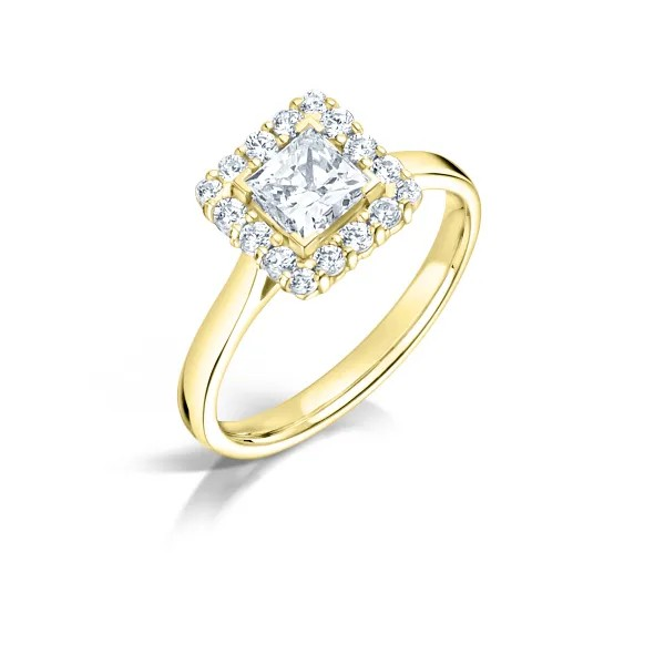 Princess cut diamond halo / cluster engagement ring. set on 18ct yellow gold naked band, Fogal and Barnes Fine Jewellers of Harrogate