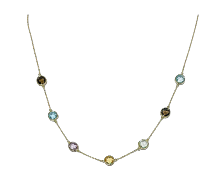 9ct yellow gold necklace with amethyst, blue topaz, citrine and quartz gemstones hand-finished by Fogal & Barnes Harrogate