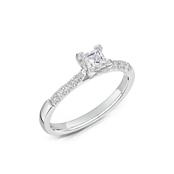 Princess cut diamond solitaire engagement ring with diamond on the band Harrogate Fogal and Barnes Fine Jewellers set on platinum and 18ct white gold