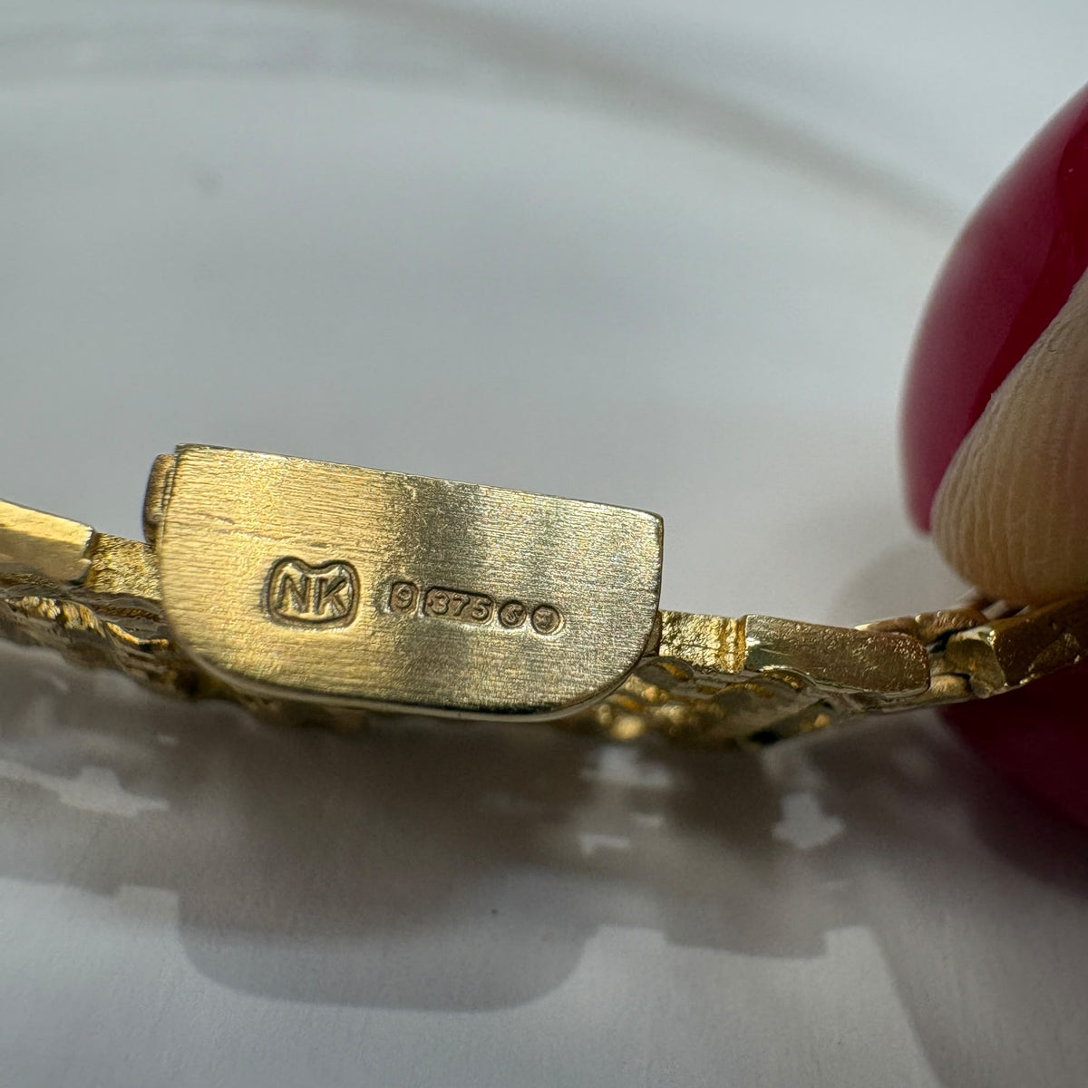 vintage 1970s gold bracelet, brutalist gold bracelet, modernist gold bracelet UK, 9ct gold panel bracelet, vintage textured gold bracelet, pre-loved gold bracelet, retro gold bracelet, statement gold bracelet
