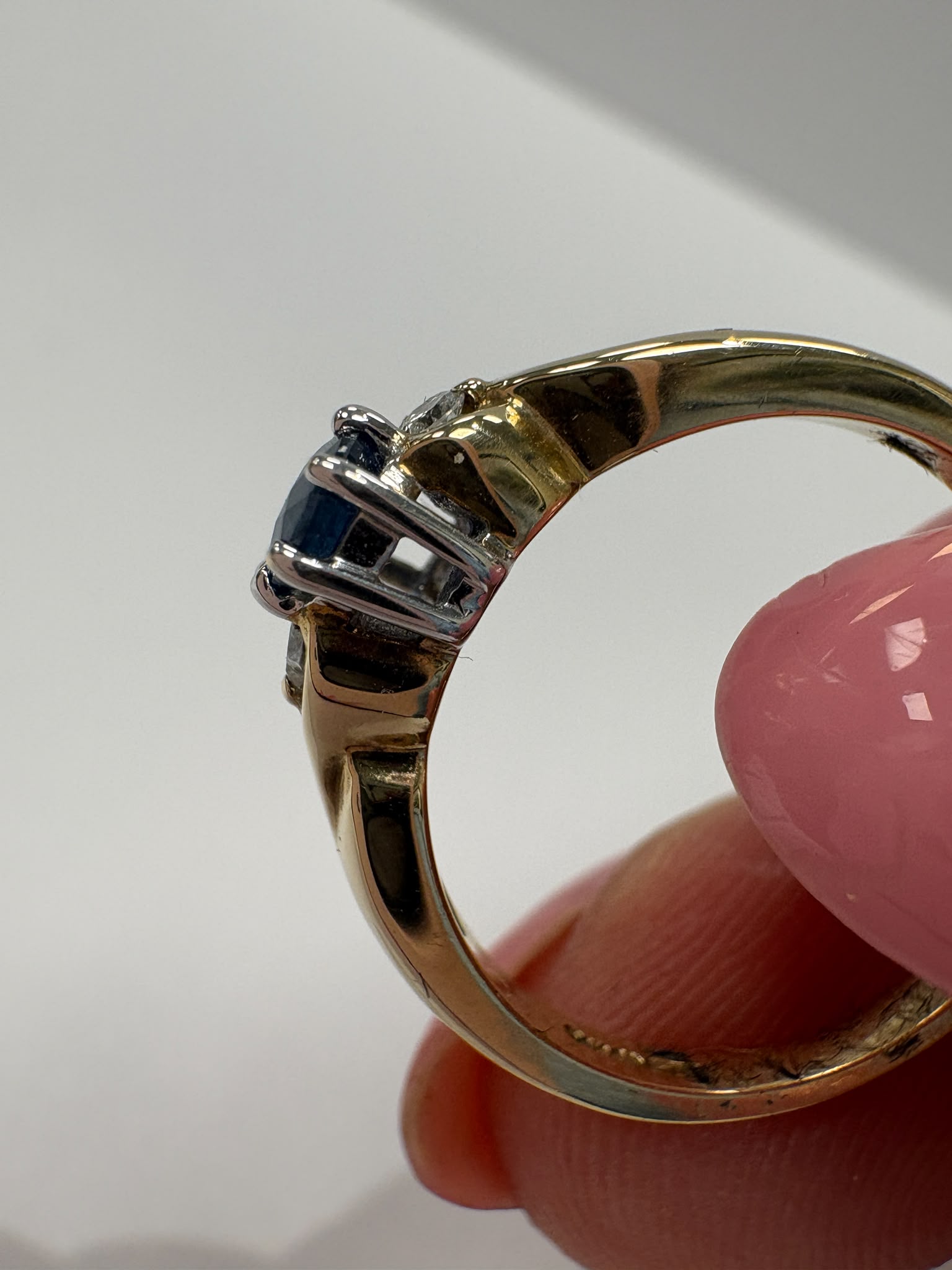 apphire and diamond ring, two tone sapphire ring, second hand sapphire ring UK, pre-loved sapphire ring, vintage sapphire ring, 9ct gold sapphire ring, sapphire three stone ring, blue sapphire ring second hand, second hand jewellery Harrogate, second hand jewellery Leeds, second hand jewellery York, second hand jewellery Yorkshire, pre-owned sapphire ring UK, antique style sapphire ring, September birthstone ring, buy second hand sapphire ring, sapphire ring size L half, sapphire ring near me, fine jeweller