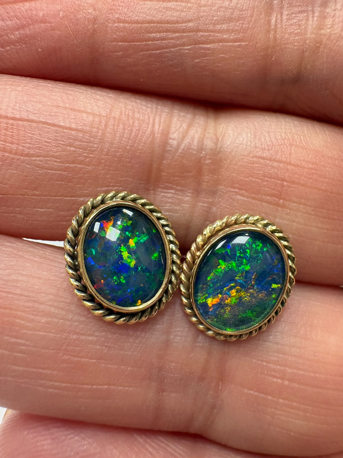 vintage opal earrings, black opal stud earrings, pre-loved gold opal earrings, second hand 9ct gold earrings UK, antique style opal studs