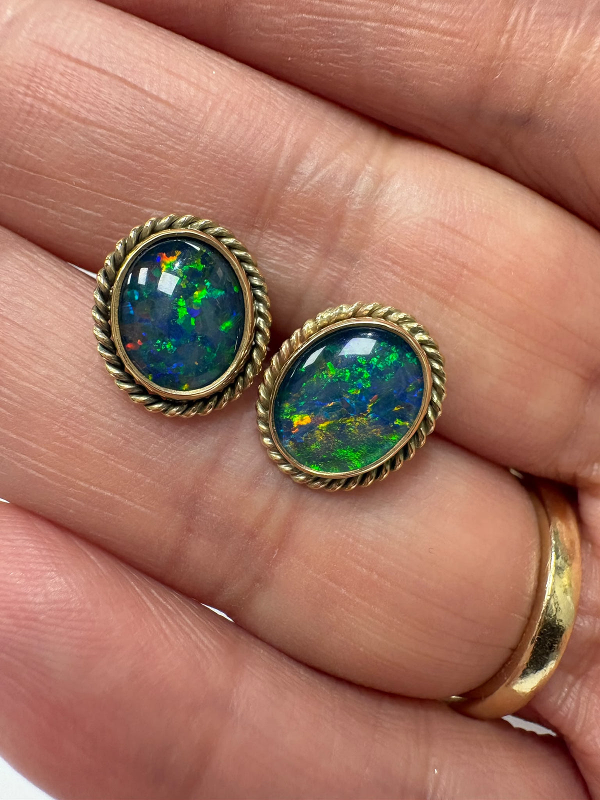 vintage opal earrings, black opal stud earrings, pre-loved gold opal earrings, second hand 9ct gold earrings UK, antique style opal studs