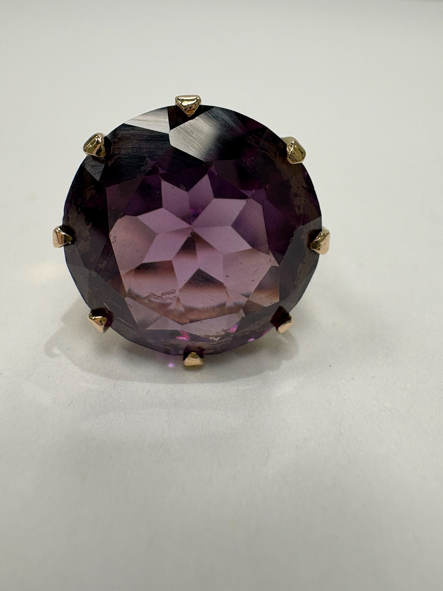 vintage purple CZ ring, statement cubic zirconia ring, 16ct gold ring, purple stone dress ring, large CZ cocktail ring, pre-loved gold ring UK, antique dress ring Harrogate, purple cubic zirconia ring size K