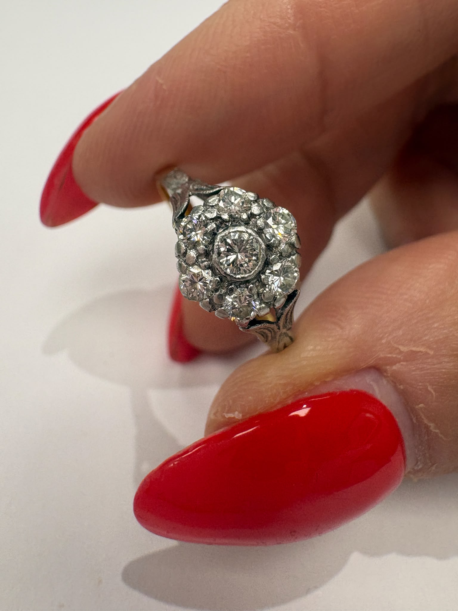 vintage ring, diamond cluster ring, pre-loved jewellery, 18ct gold ring, second-hand engagement ring, daisy cluster ring, vintage diamond ring Yorkshire, antique-style ring Harrogate