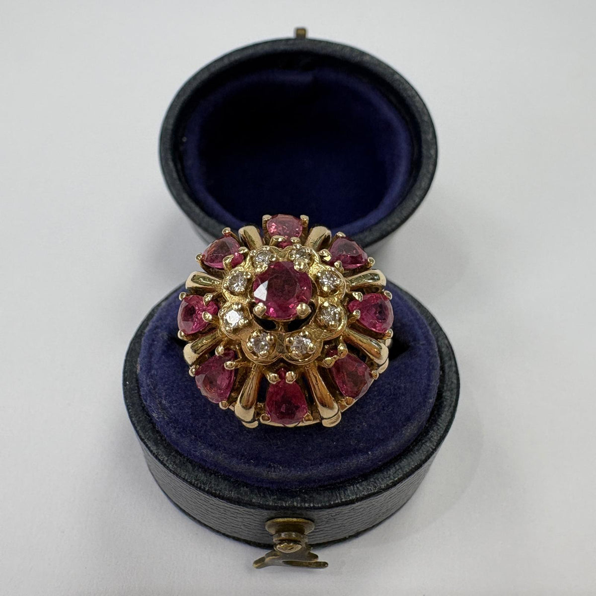 vintage sapphire cluster ring, 1960s cocktail ring, purple sapphire ring UK, natural sapphire and diamond ring, dome cluster ring, bombe ring, certified sapphire ring, vintage cocktail ring UK