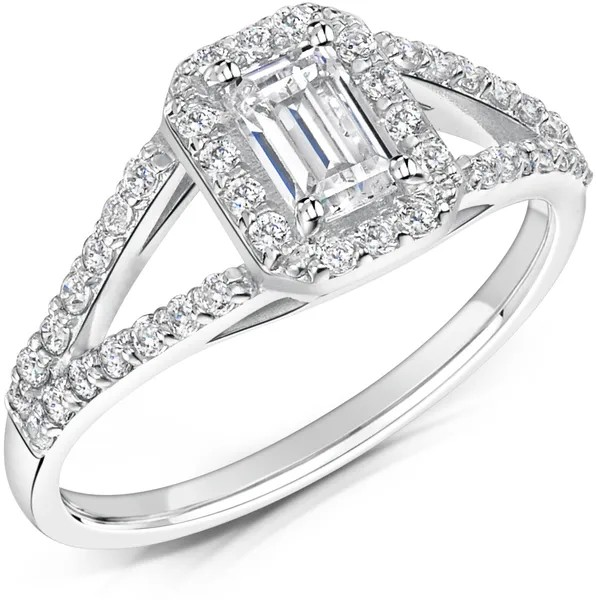 MODERN EMERALD CUT DIAMOND HALO ENGAGEMENT RING