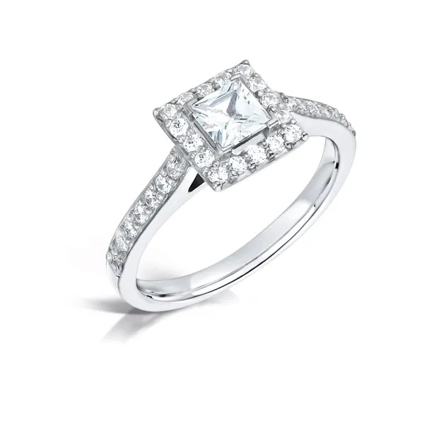 Princess cut diamond with diamond halo and diamond band engagement ring Harrogate, this ring can be made in platinum or 18ct white gold Fogal and Barnes Fine Jewellers