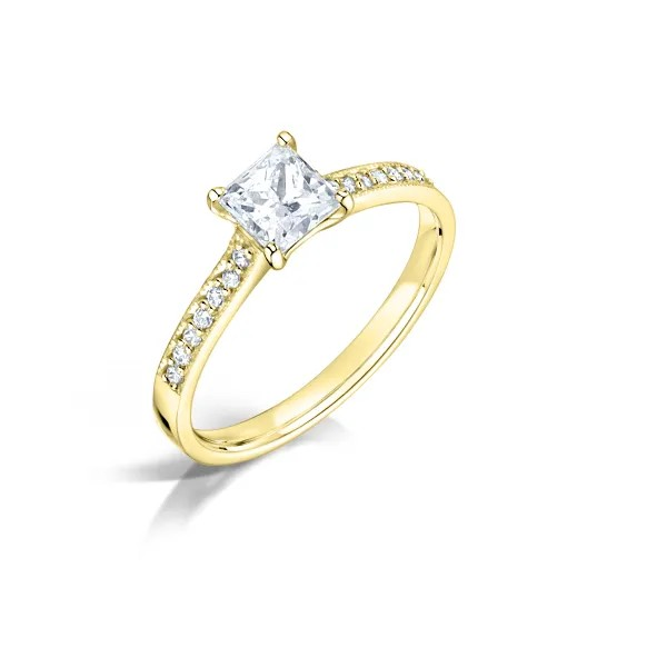 Princess Cut Diamond Solitaire Engagement Ring with Channel set Diamond Band 18ct Yellow gold