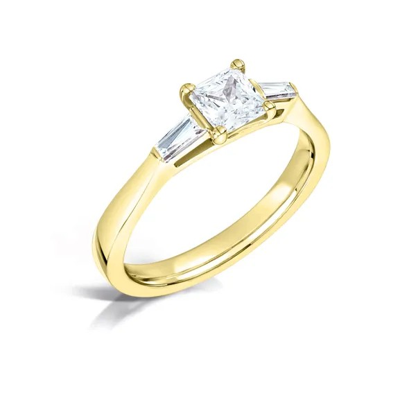 Princess cut diamond trilogy engagement ring harrogate ith tappered baguettes set on an 18ct yellow gold band fogal and barnes fine jewellers of harrogate