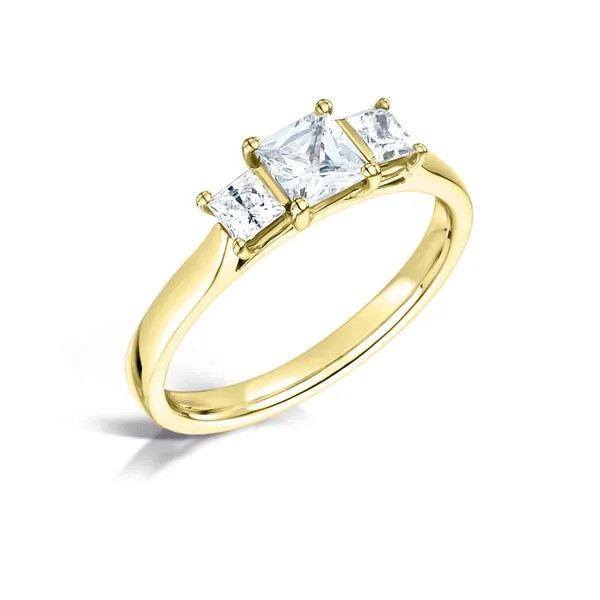 Princess Cut Diamond three stone Engagement Ring Harrogate Fogal and Barnes Fine Independent Jewellers Set on a 18ct yellow gold