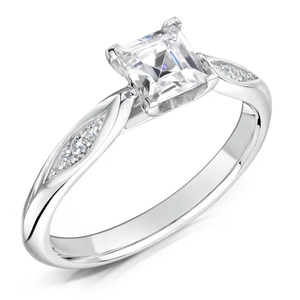 Princess cut diamond solitaire engagement ring arrogate with diamond twirl / twist band crafted in 18ct white gold or platinum at Fogal and Barnes Fine Jewellers independent