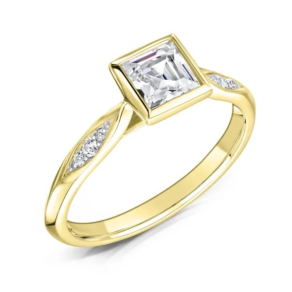 Princess cut diamond solitaire engagement ring arrogate with diamond twirl / twist band crafted in 18ct yellow gold at Fogal and Barnes Fine Jewellers independent