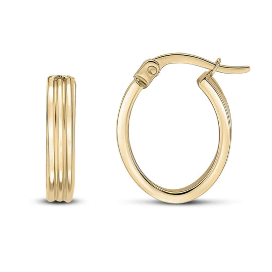 YELLOW GOLD OVAL RIBBED HOOP EARRINGS