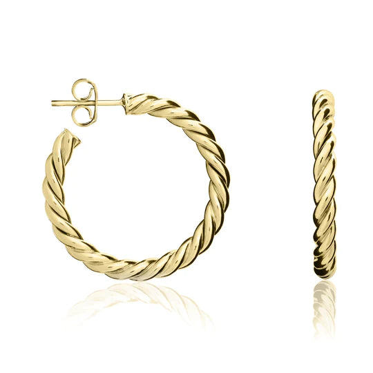 YELLOW GOLD TWIST PEG AND SCROLL HOOP EARRINGS