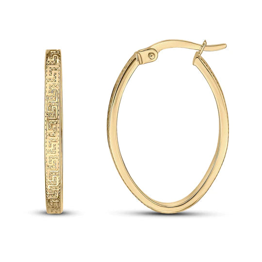 YELLOW GOLD OVAL GREEK KEY HOOP EARRINGS - Fogal & Barnes
