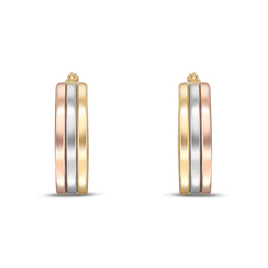THREE TONE YELLOW , WHITE AND ROSE GOLD THREE ROW FLAT HOOP EARRINGS - Fogal & Barnes