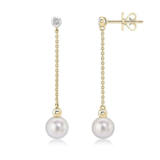 9K YELLOW GOLD DIAMOND AND PEARL DROP EARRINGS - Fogal & Barnes