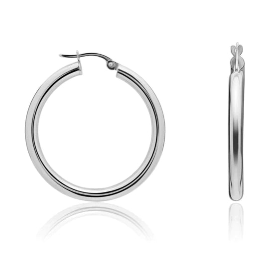 9K WHITE GOLD ROUND POLISHED HOOP EARRINGS- HARROGATE