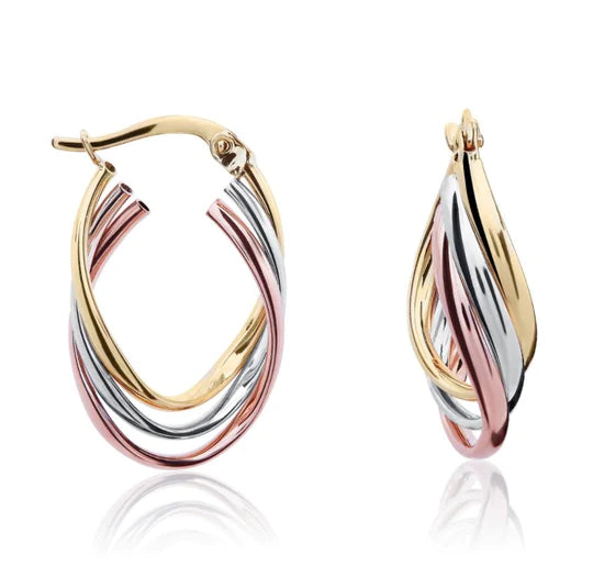 THREE TONE 9CT GOLD TRIPLE OVAL CROSSOVER HOOP EARRINGS - Fogal & Barnes