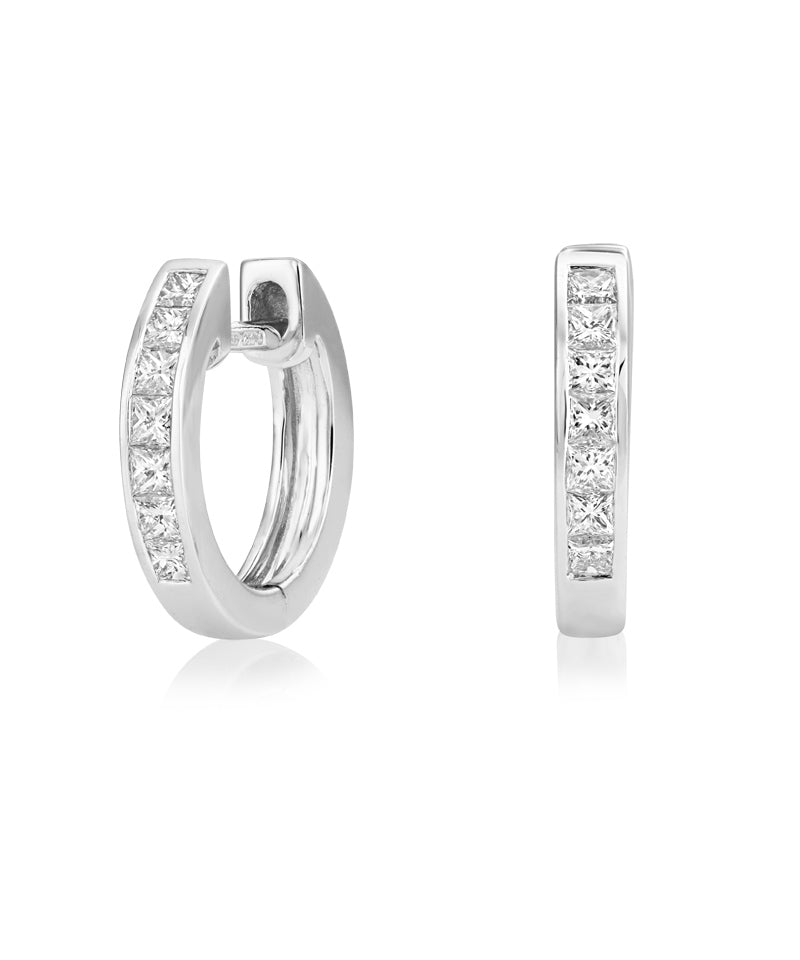 Diamond channel set Huggies hoop earrings princess cut white gold Harrogate Jewellers Fogal and Barnes