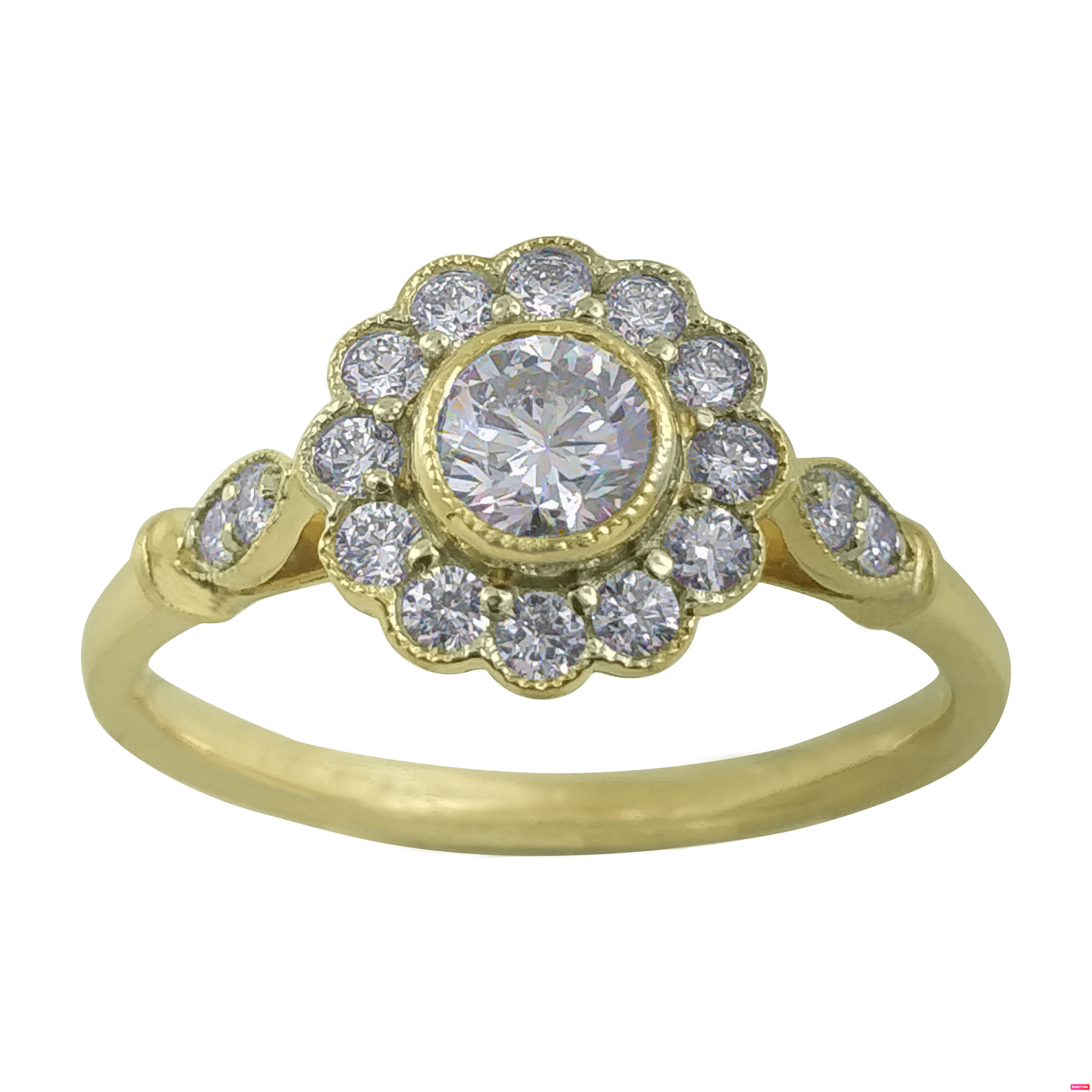 Edwardian inspired diamond engagement ring flower cluster design yellow gold Harrogate jewellers Fogal and barnes