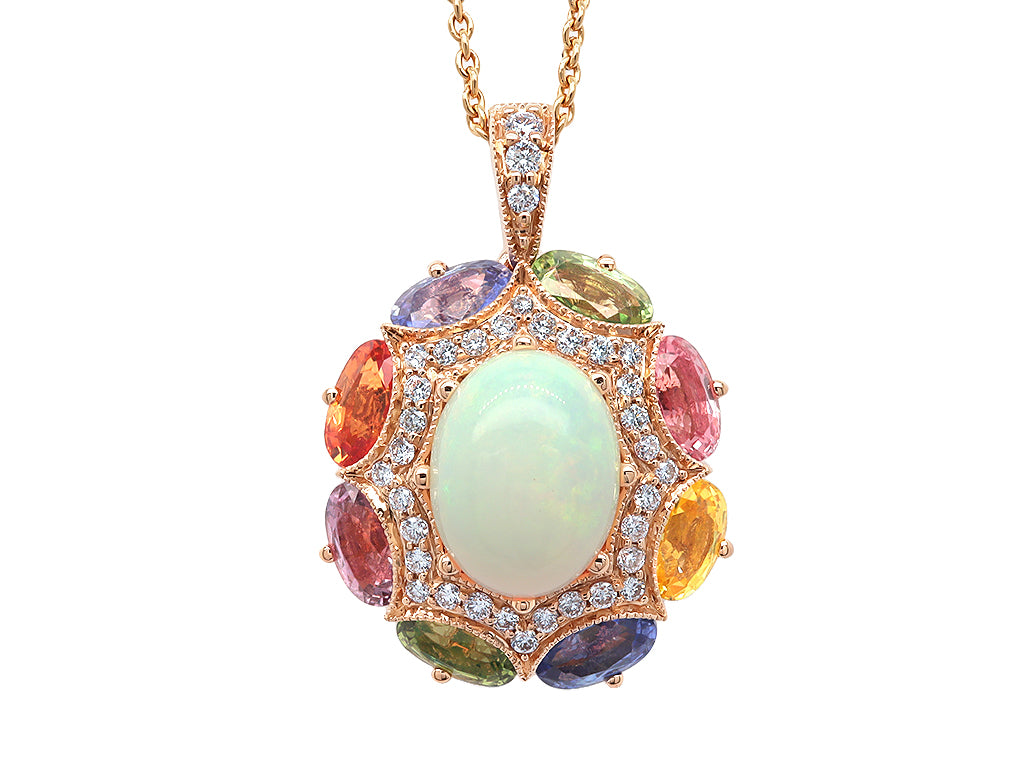 Natural Opal pendant diamonds fancy sapphires yellow gold Harrogate jewellers Fogal and barnes