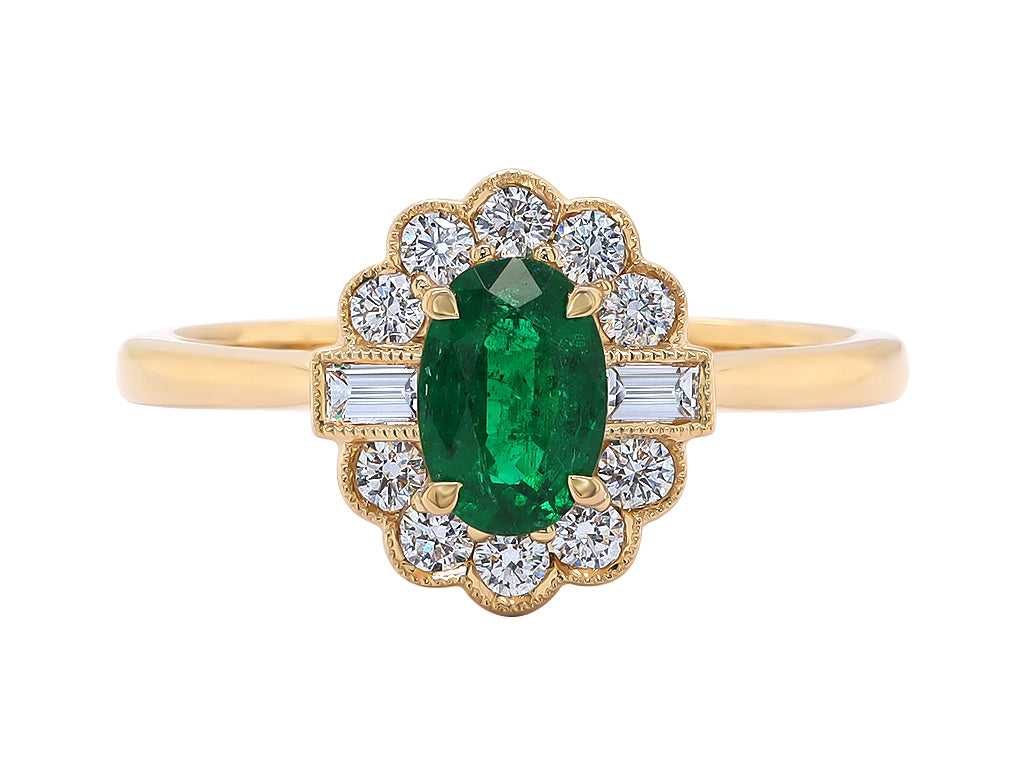 Oval Emerald and Diamond engagement ring flower design yellow gold Harrogate Jewellers Fogal and Barnes
