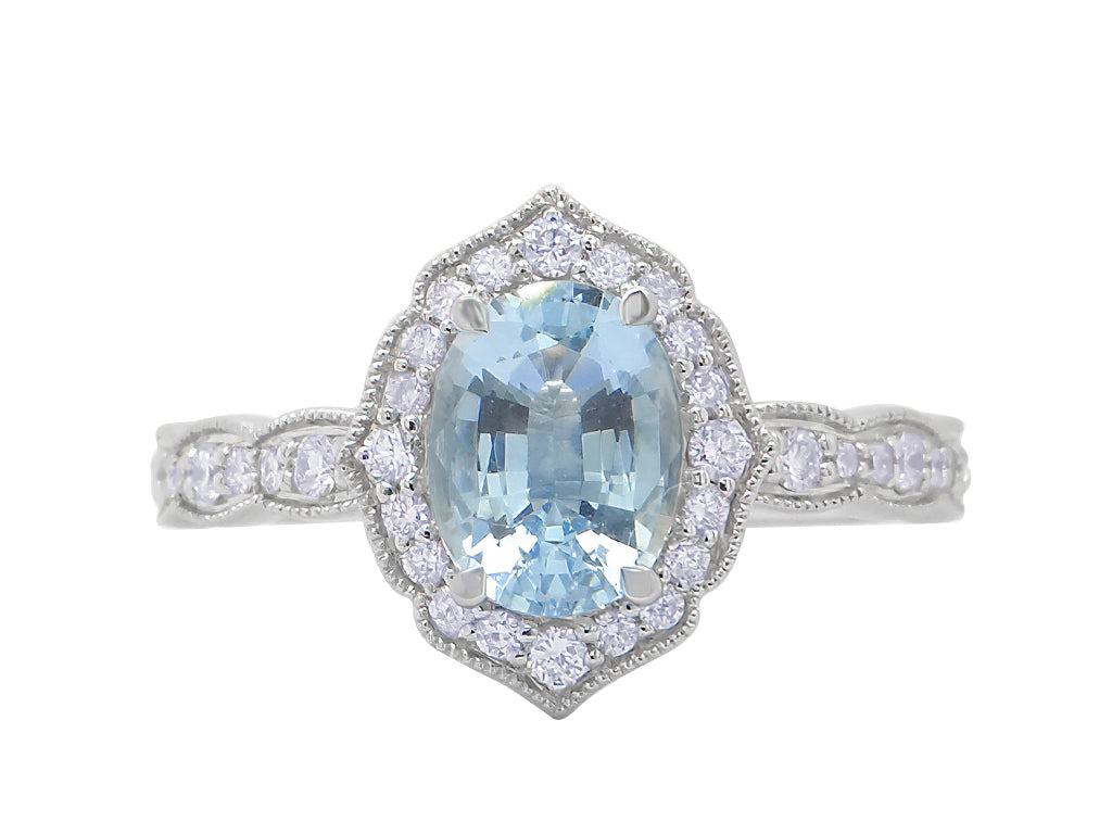 vintage inspired oval aquamarine and diamond ring millegrain design diamond set shoulders engagament ring  white gold harrogate jewellers gogal and barnes