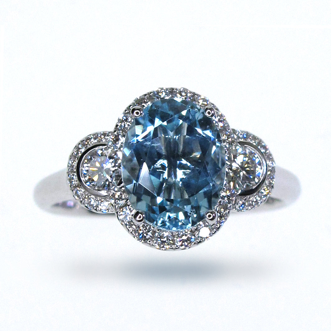 Oval Santa Maria aquamarine and diamond platinum ring Harrogate jewellers Fogal and barnes