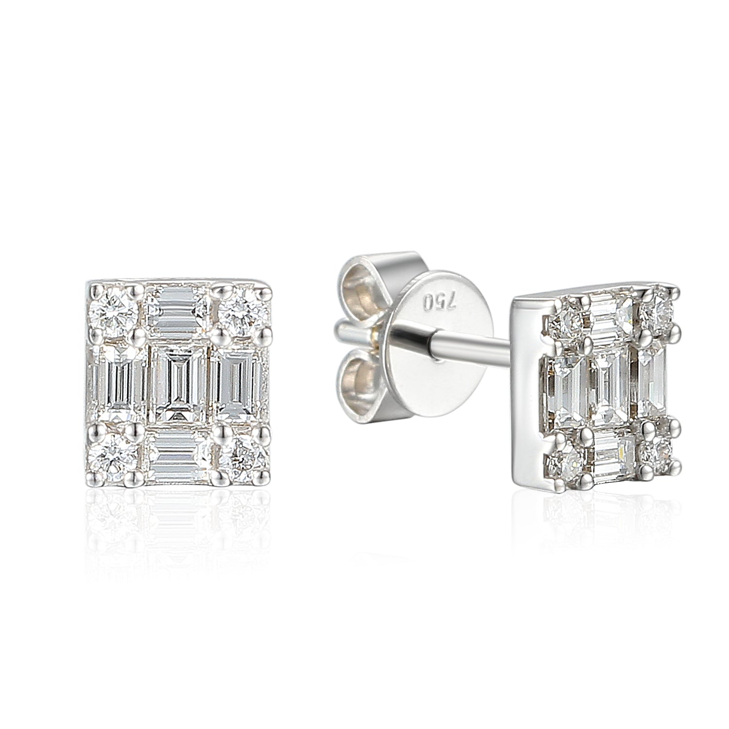 Diamond cluster earrings baguette round brilliant diamonds stud earring white gold Harrogate jewellers Fogal and barnes