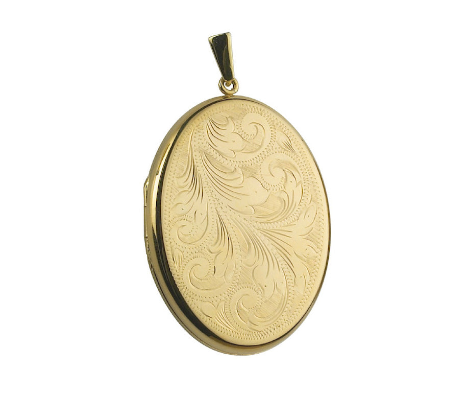 9K YELLOW GOLD 43MM FULL SCROLL HAND ENGRAVED OVAL LOCKET- HARROGATE