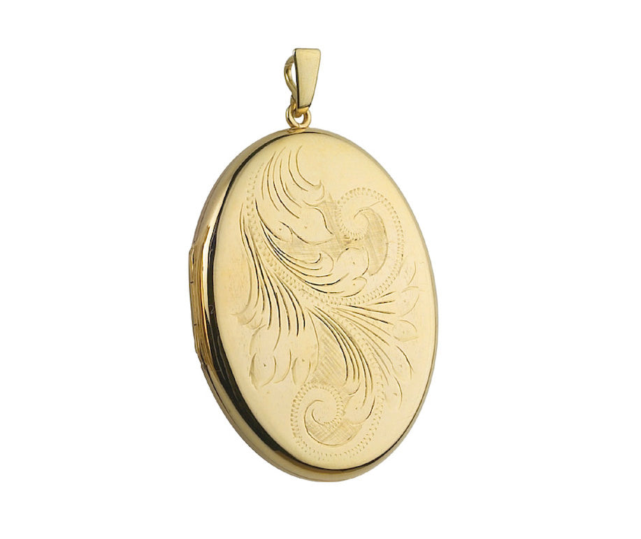 9K YELLOW GOLD 43MM HAND ENGRAVED OVAL LOCKET- HARROGATE