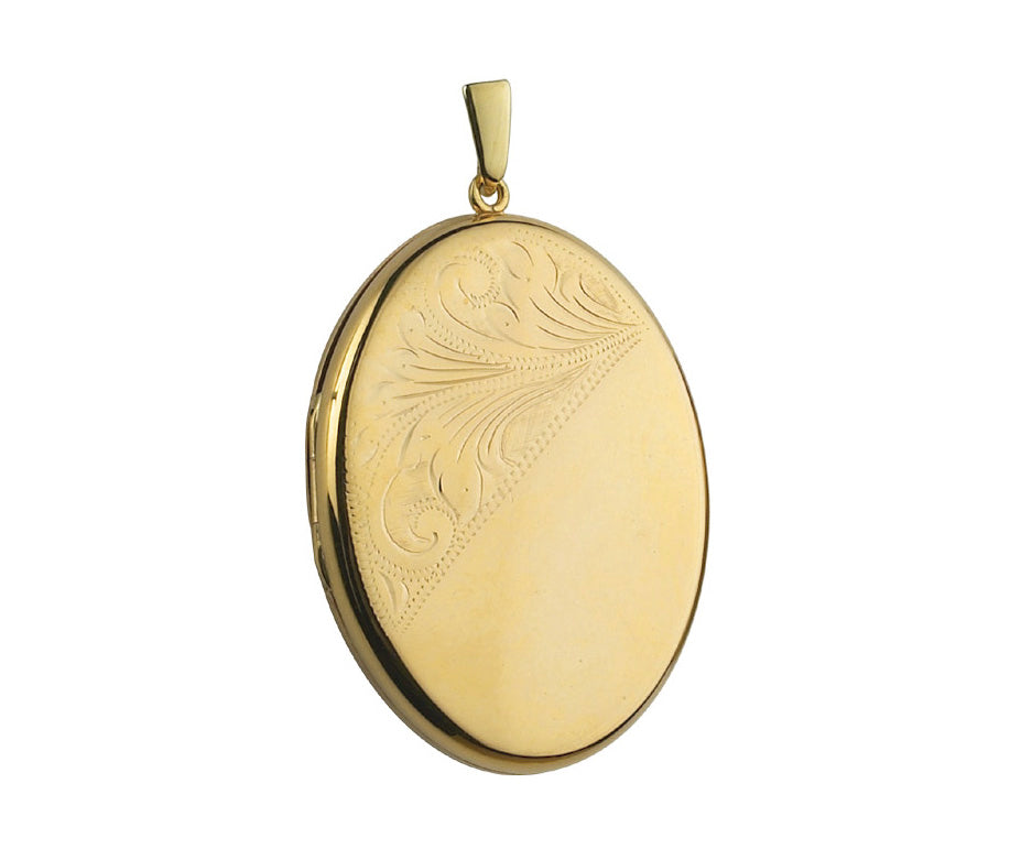 9K YELLOW GOLD 43MM PART SCROLL HAND ENGRAVED OVAL LOCKET- HARROGATE