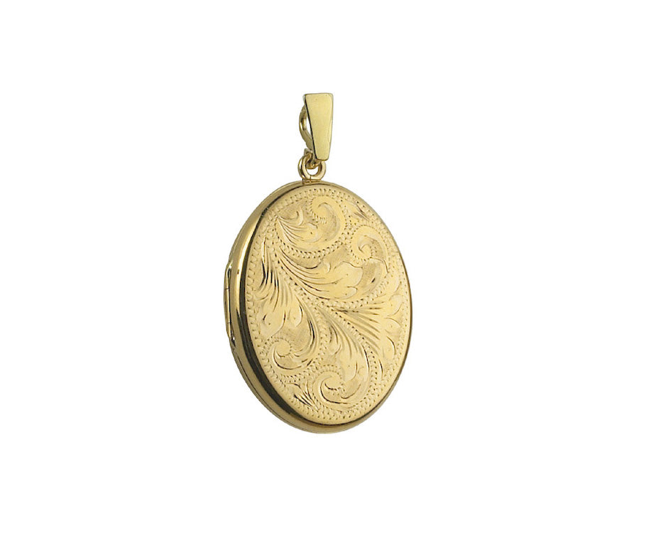 9K YELLOW GOLD 30MM FULL SCROLL HAND ENGRAVED OVAL LOCKET- HARROGATE